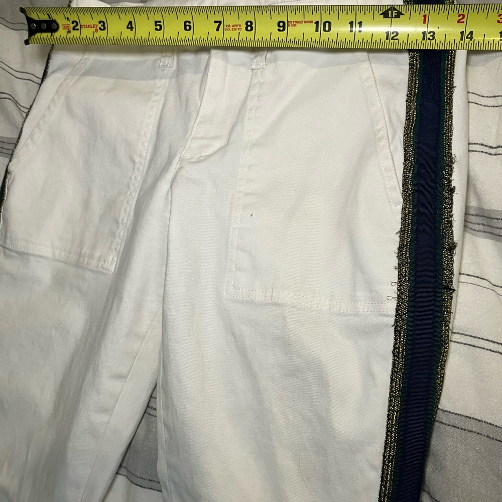 Pam &Gela white pants Navy Gold side stripe fringed bottom sz 27 - Picture 10 of 13